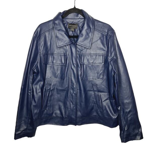 Something Navy Boxy Faux Leather Jacket Vegan Women's XL Shacket Patch Pockets - Picture 2 of 14